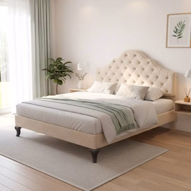 BTM Beige Velvet Upholstered Double Bed with Adjustable Headboard W/D/H: 140 x 190 x 124 cm – 1