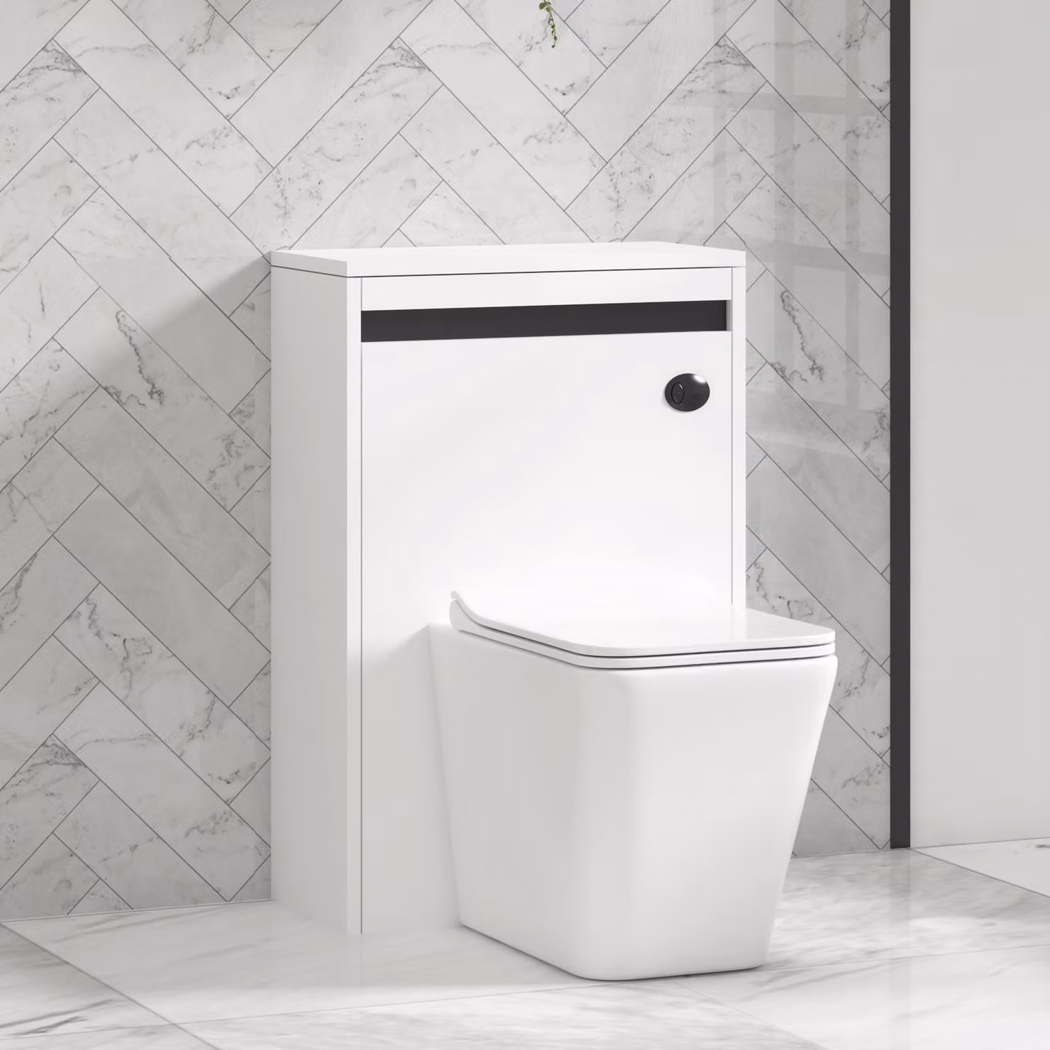 Orion Matt White BTW WC Unit with Elena Rimless Ceramic Toilet Pan, Slim Soft Close Seat and Cistern with Black Accent Trim, Width: 54 cm