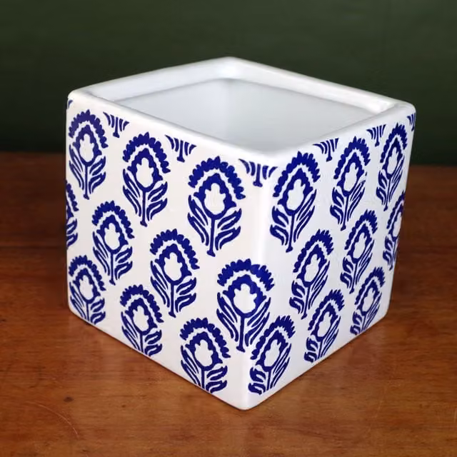 Blue and White Floral Ceramic Cube Tabletop Planter