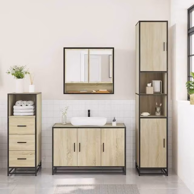 Berkfield Home 3 Piece Industrial Bathroom Furniture Set in Beige Sonoma Oak – 1