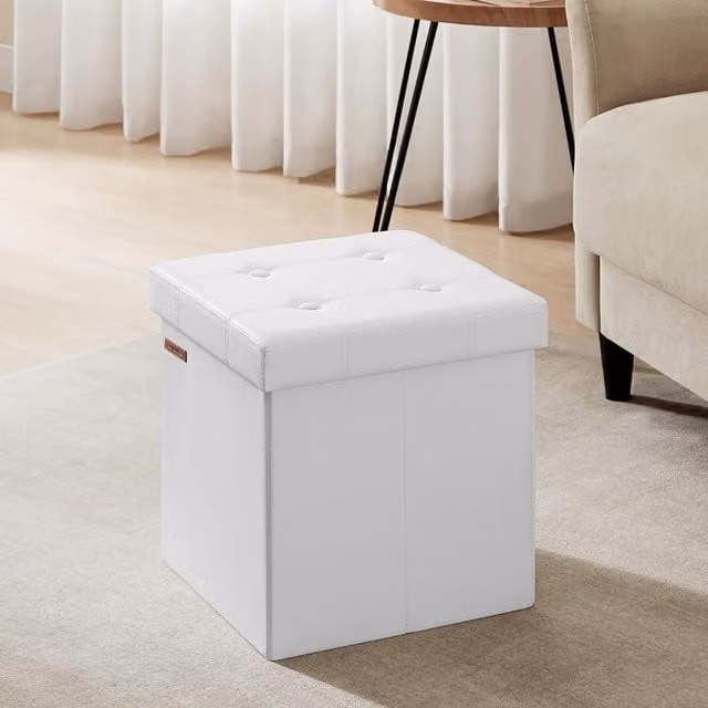 SONGMICS Storage Ottoman, Folding Foot Rest Stool in White, W/D/H: 38 x 38 x 38 cm