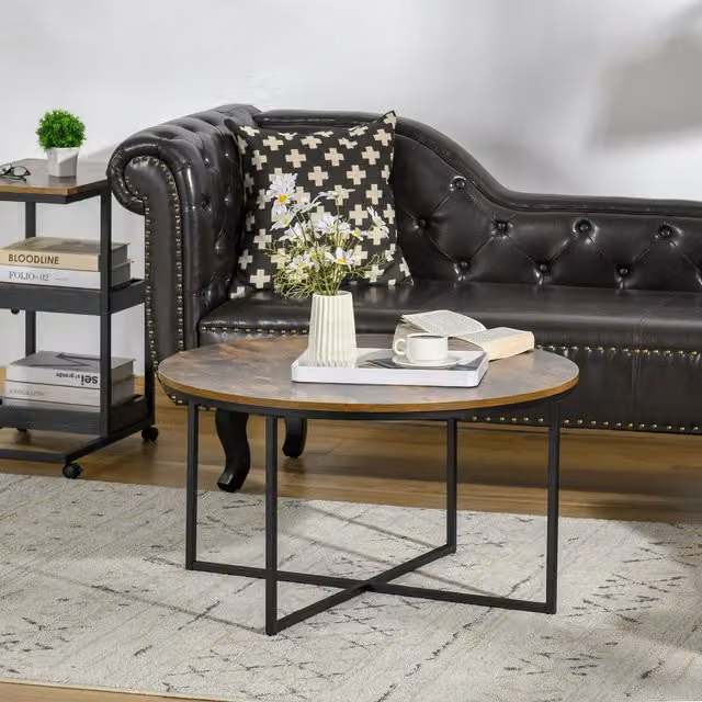 HOMCOM Industrial Round Coffee Table in Brown