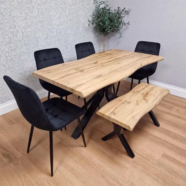 KOSY KOALA Wooden Dining Set with Rectangular Table, Bench and 4 Black Velvet Chairs in Brown