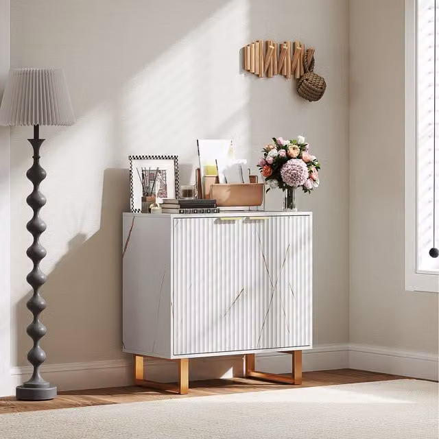 HOMCOM White Marble Effect Buffet Cabinet with 2 Doors and Adjustable Shelves