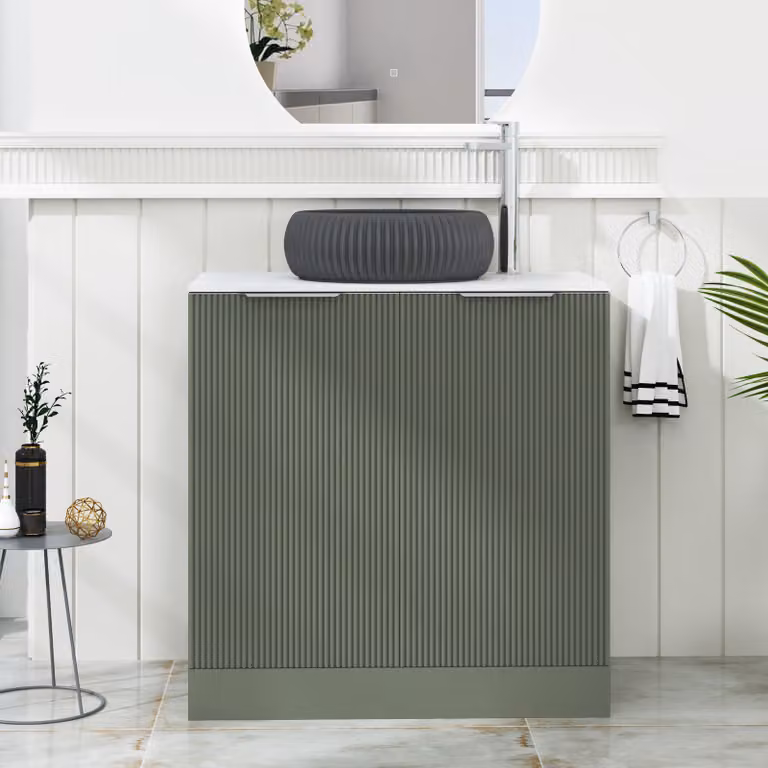 Royal Bathrooms Evora 800mm Sage Green Fluted Floor Standing 2 Door Vanity Unit with Milan Black Stone Basin