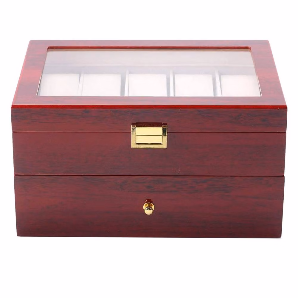 Outsunny Red Wood Watch Display Box with Glass Lid – 2