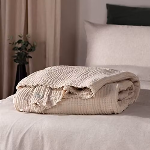 Riva Home Woven Cotton Muslin Throw with Fringes in Beige, W/D/H: 240 x 260 cm – 4