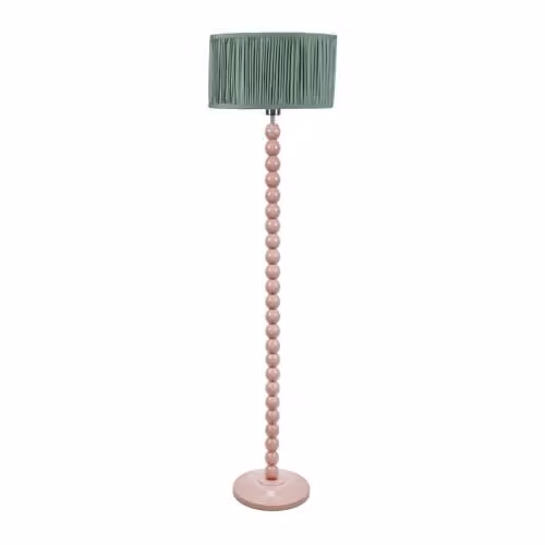 ValueLights Bobbin Stem Floor Lamp in Rose Pink with Green Pleated Fabric Shade, H 145 cm x W 25 cm x D 25 cm
