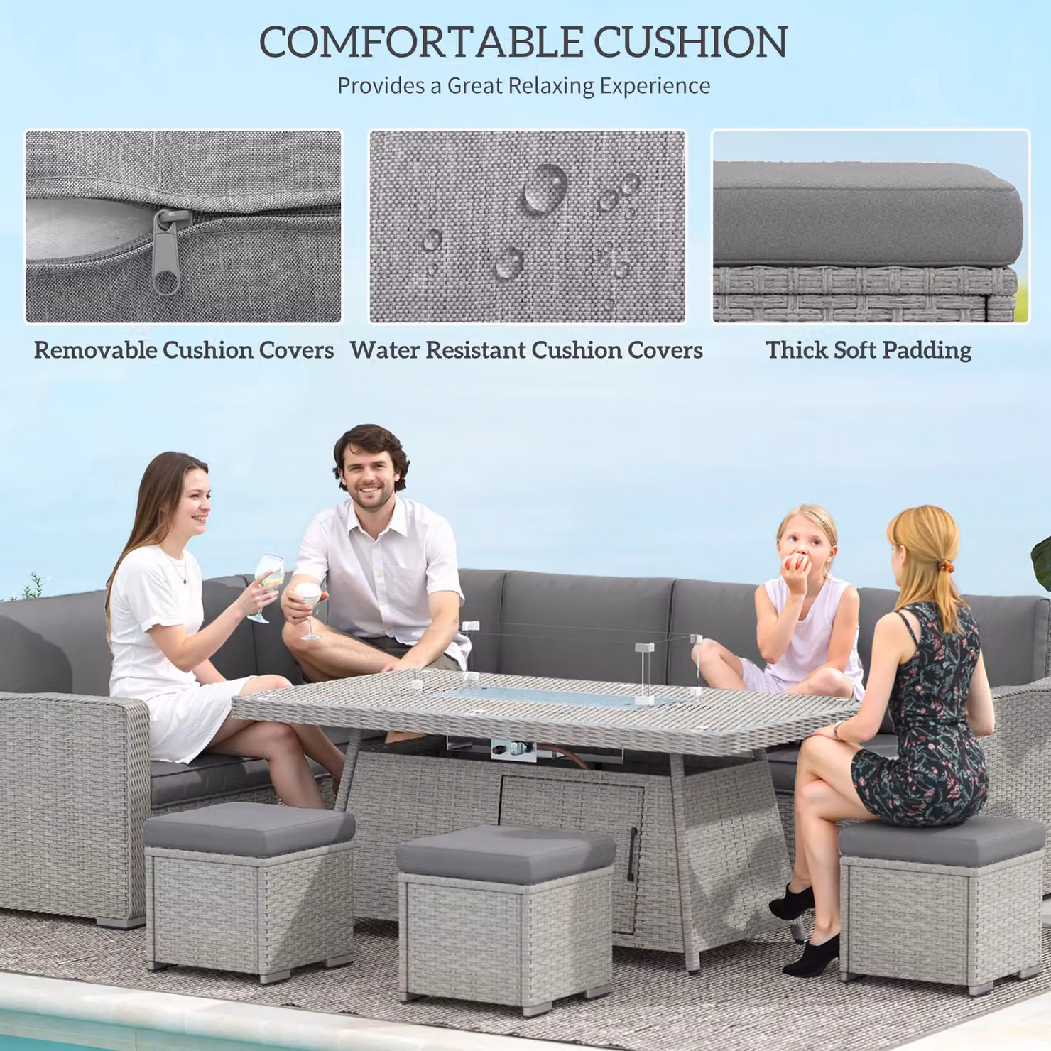OUTSUNNY 7 Piece Grey Polyrattan Garden Furniture Set with 50,000 BTU Fire Pit Table and Upholstered Cushions – 5