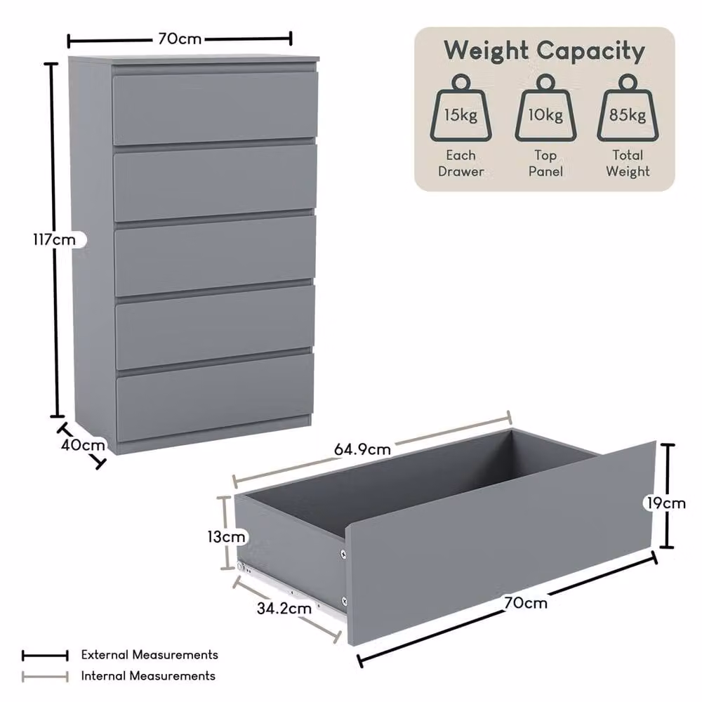 PAWNORA 5 Drawer Chest of Drawers in Grey – 2
