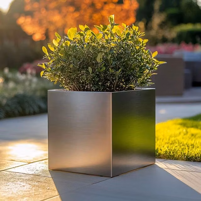 Woven Wood Silver Grey Square Galvanised Steel Planter, 40 x 40 x 40 cm