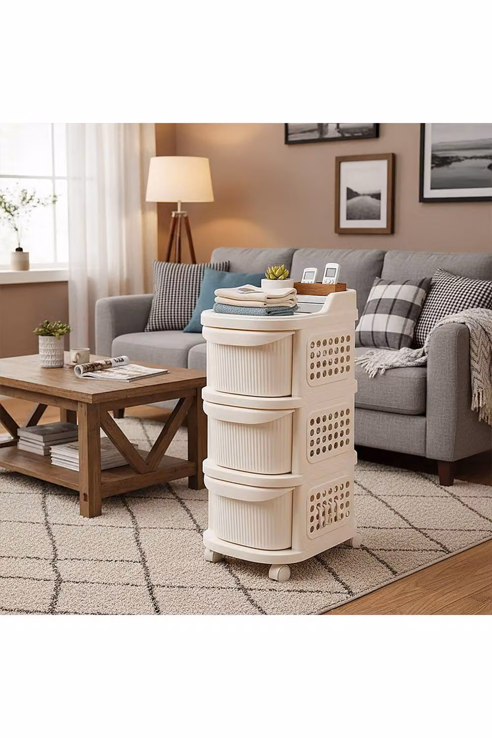 Living and Home Rolling Storage Cart with Hooks in Cream/Beige/White – 2