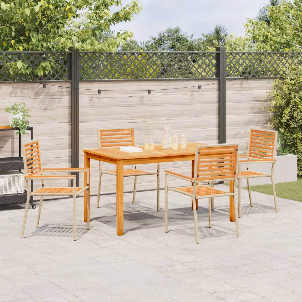 Berkfield Home 5 Piece Beige Poly Rattan and Acacia Wood Garden Dining Set – 3