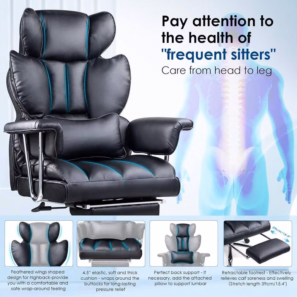 Gartistgo Ergonomic High Back Black Leather Office Chair with Footrest and Headrest – 4