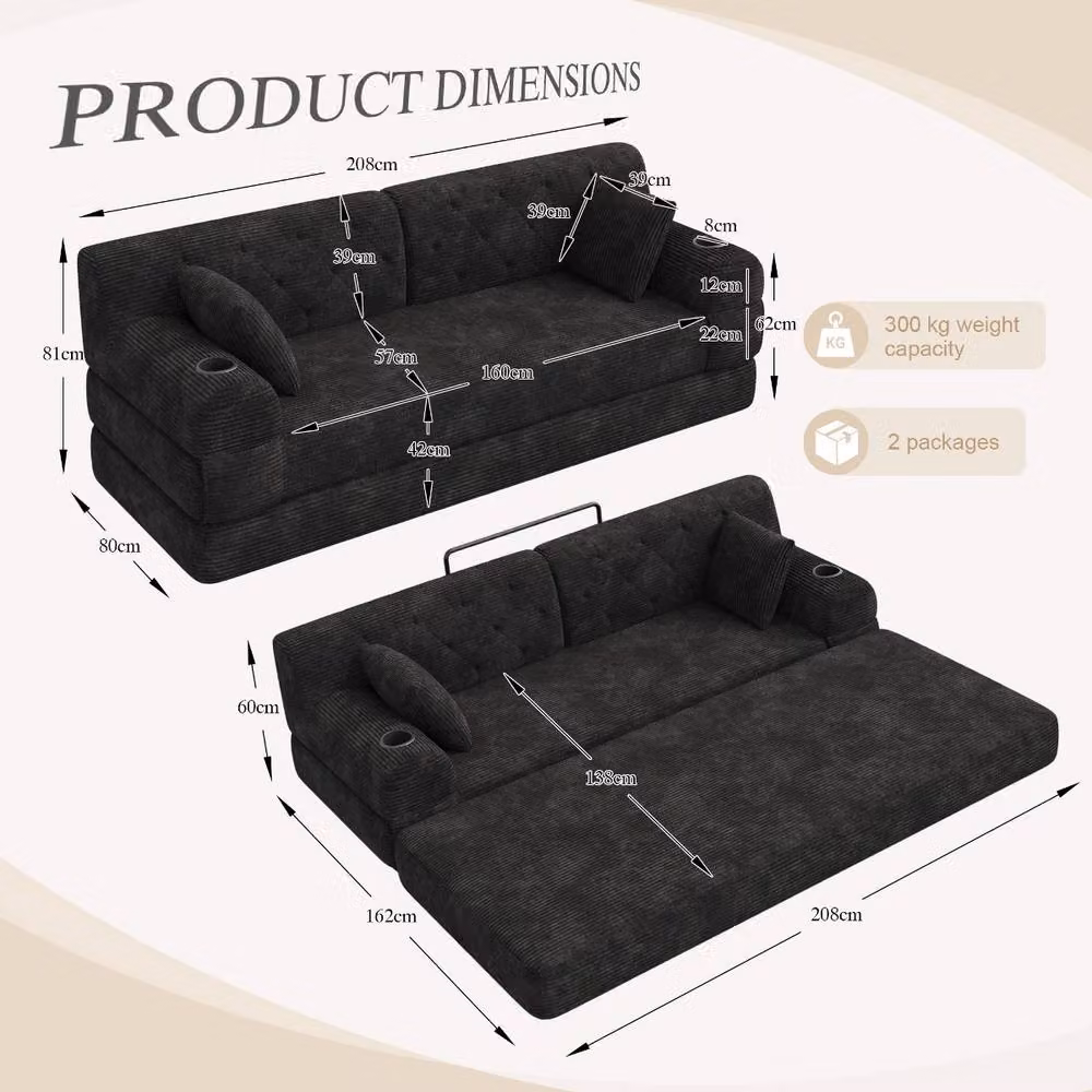 Rolipo Black 3-Seater Corduroy Sleeper Sofa Bed with Cup Holders – 2