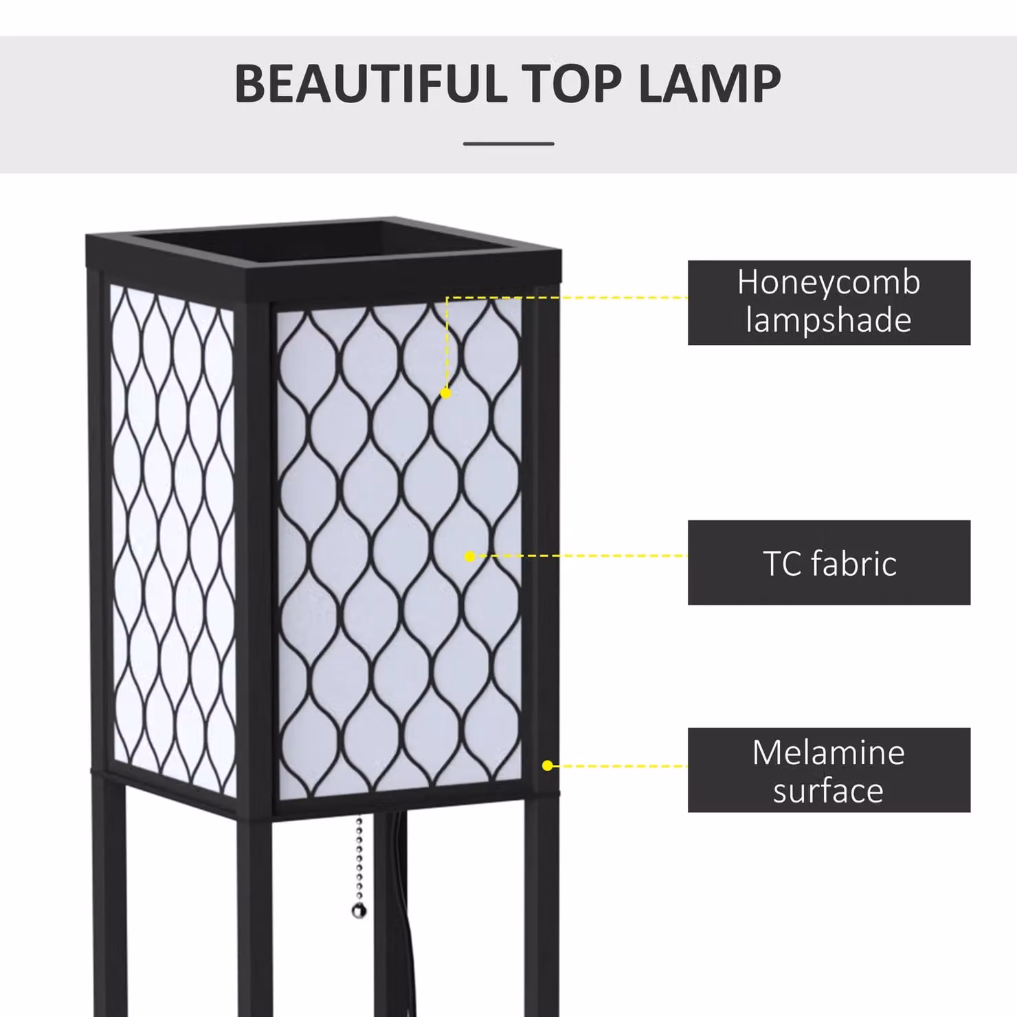HOMCOM Modern 4 Tier Floor Lamp with Shelves and Fabric Lampshade in Black or White, H 160 x W 26 x D 26 cm – 3