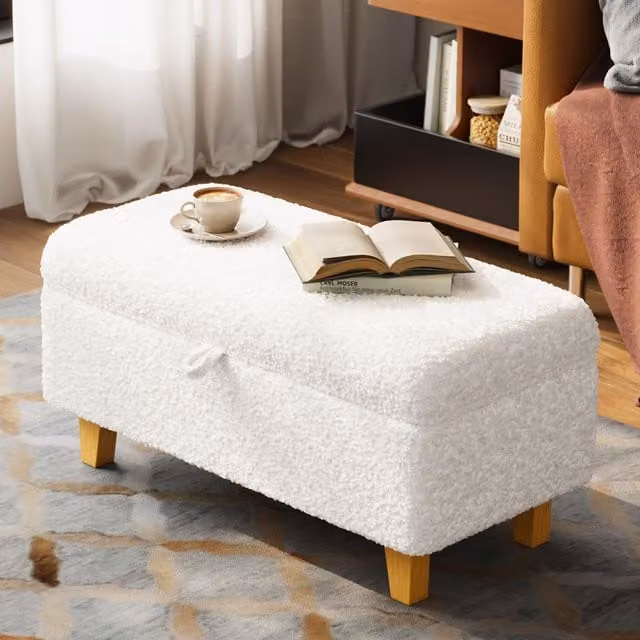 Livingandhome White Bouclé Upholstered Storage Footstool