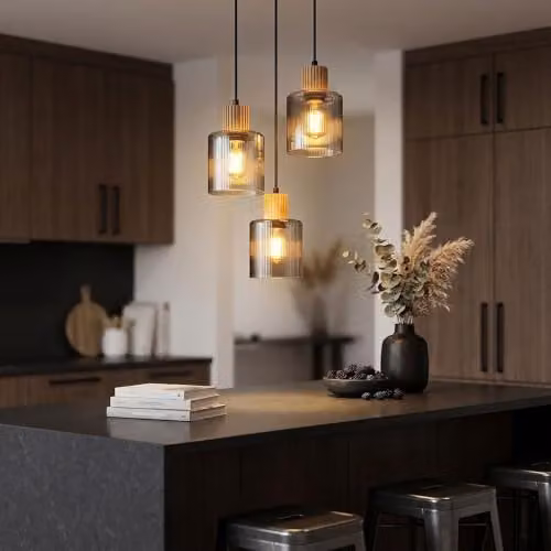 Globo Lighting Suspended Dining Room Pendant Light in Black and Brown with Smoke Glass Shades, 3x E27, Height Adjustable – 4