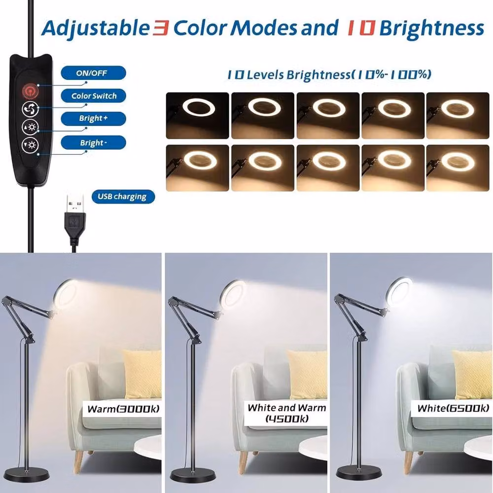 Kelvenix Black Floor Standing LED Magnifier Lamp with Dimmable Light and Height Adjustment – 3