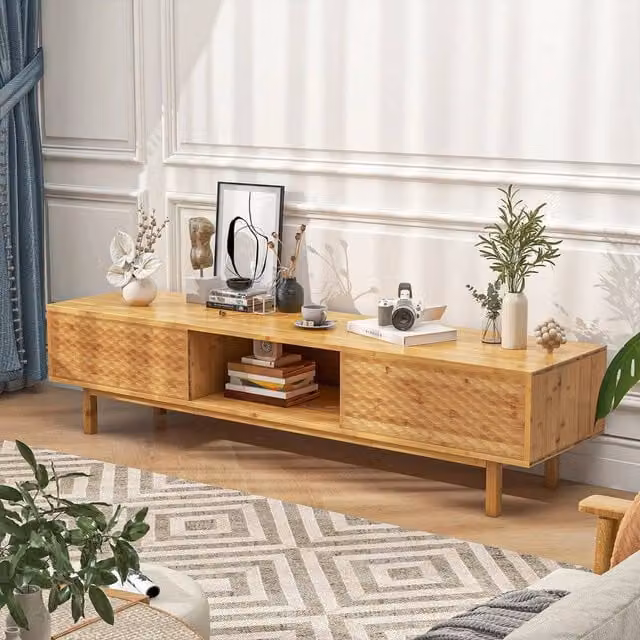 KORVIXA Bamboo TV Stand for 65 to 70 inch TVs in Natural Wood Finish, W/D/H: 100 x 100 x 100 cm
