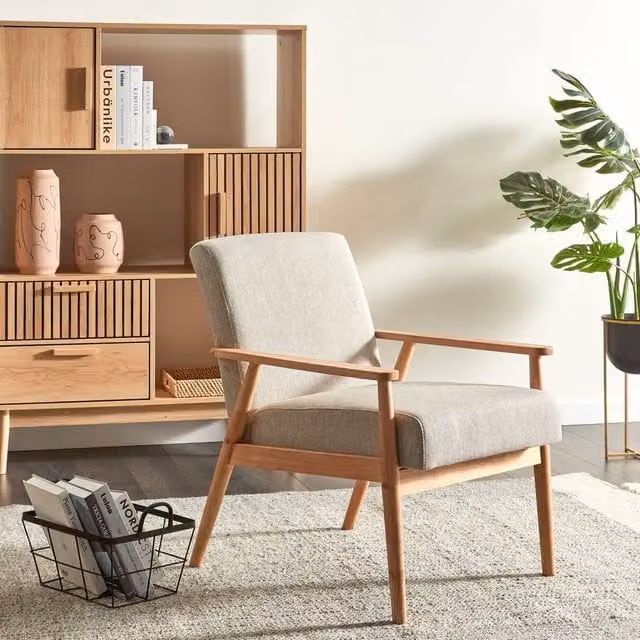 Wyld and Coco Mid-Century Armchair with Grey Fabric Upholstery and Solid Rubberwood Frame