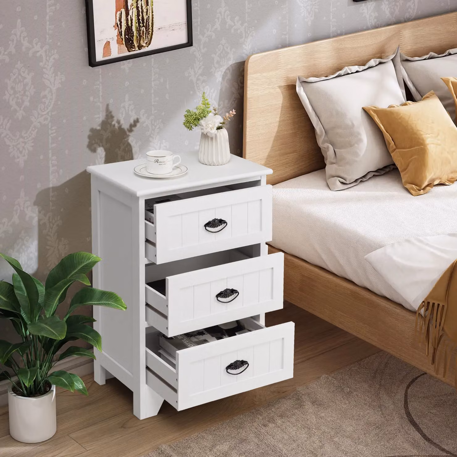 Costway Vintage Wooden 3-Drawer Bedside Table and Accent End Table in White – 2