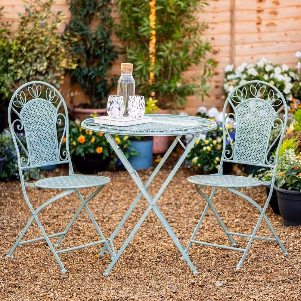 FLAVORA Dorset Wrought Iron Victorian 2-Seater Foldable Garden Bistro Set in Pale Green – 2