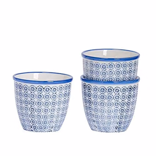 Nicola Spring Floral Ceramic Tabletop Plant Pots, Blue and Orange, Pack of 3, W/D/H: 14 x 14 x 12.5 cm – 1