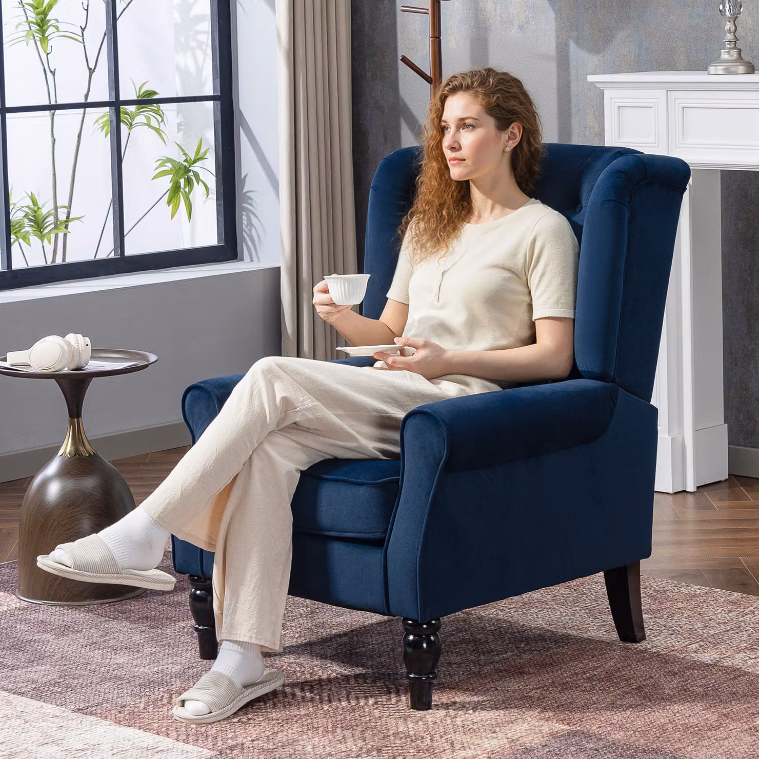 HOMCOM Retro Wingback Accent Chair in Dark Blue Velvet with Solid Wood Frame – 2