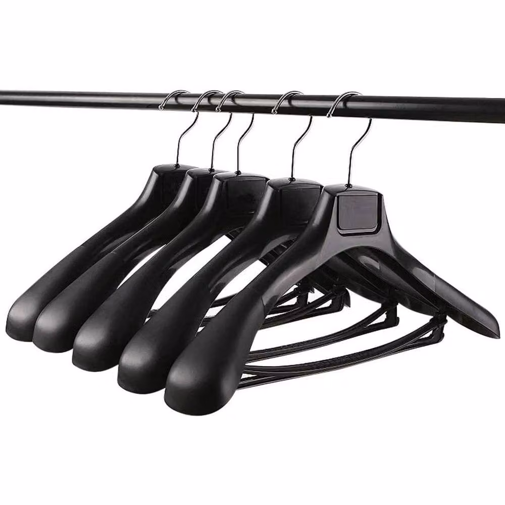 PAWNORA Set of 5 Broad Black Plastic Suit Hangers with Clips and Bar – 3