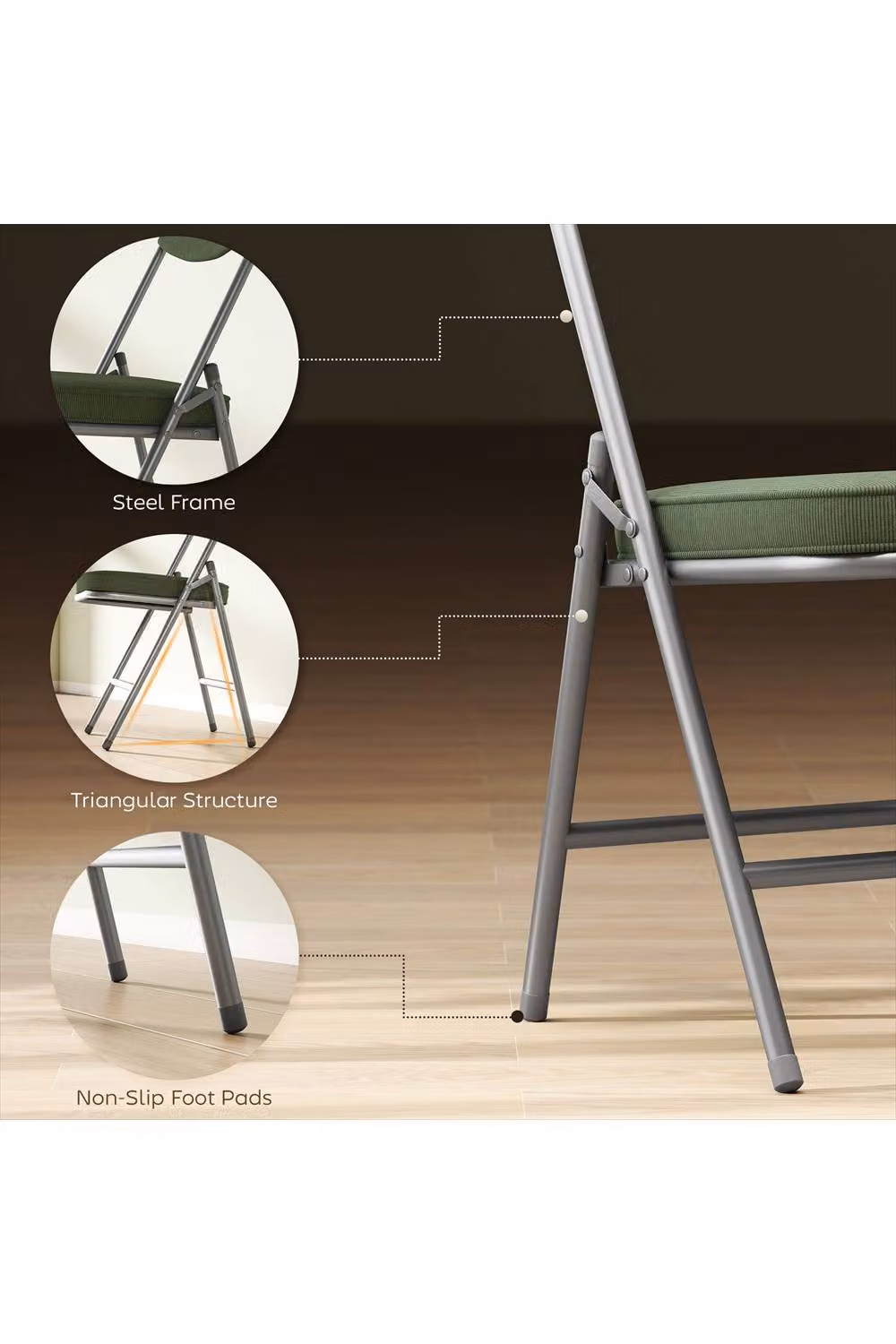 ERGOVEXA Set of Four Stackable Folding Corduroy Seat Chairs in Green – 3