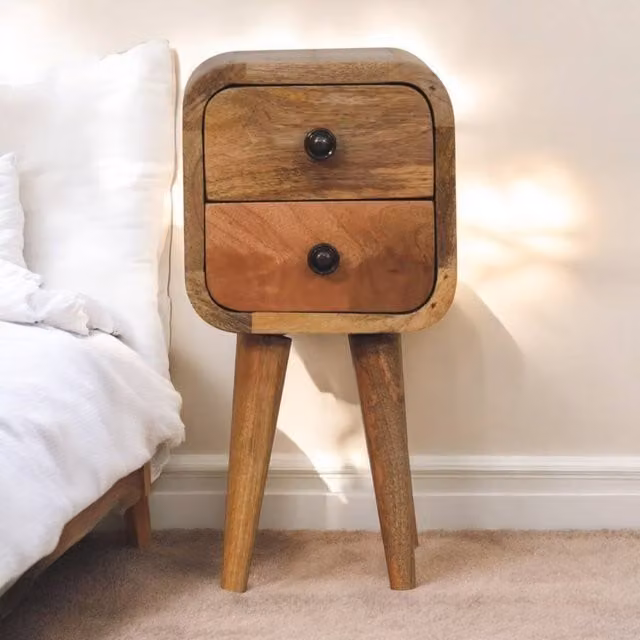 Direct Wicker Extra Mini Curved Oak-ish Bedside Table with 2 Drawers in Brown, Solid Mango Wood – 1