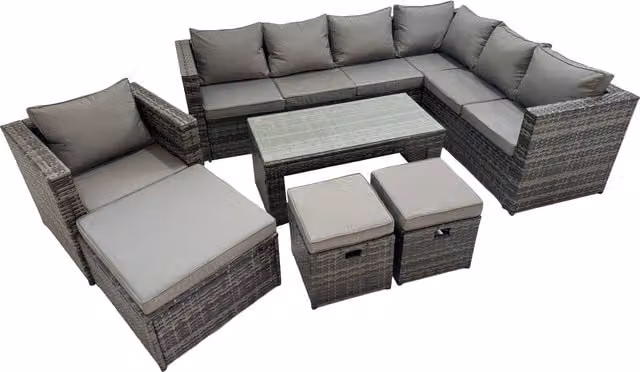 Fimous Modern L-Shape Garden Furniture Set in Grey with 3-Seater Sofa, Coffee Table and Ottoman