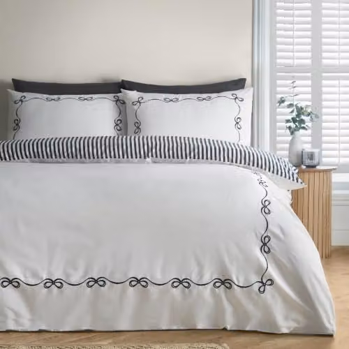 Catherine Lansfield Bow Embroidery Single Duvet Cover and Pillowcase Set, Black, W/D/H: 135 x 200 cm and 50 x 75 cm – 1