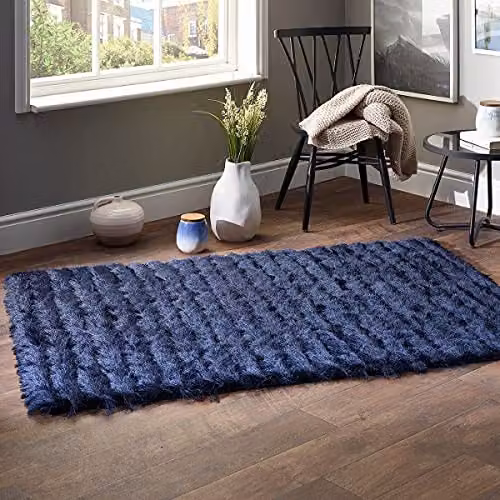 e-Rugs Carved Glamour Striped Shaggy Rug in Blue, W: 80 cm, L: 150 cm – 3