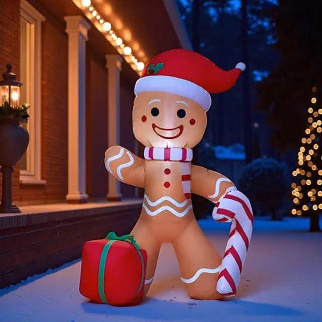 Garden Greatness 4ft Inflatable LED Gingerbread Man and Candy Cane in Brown