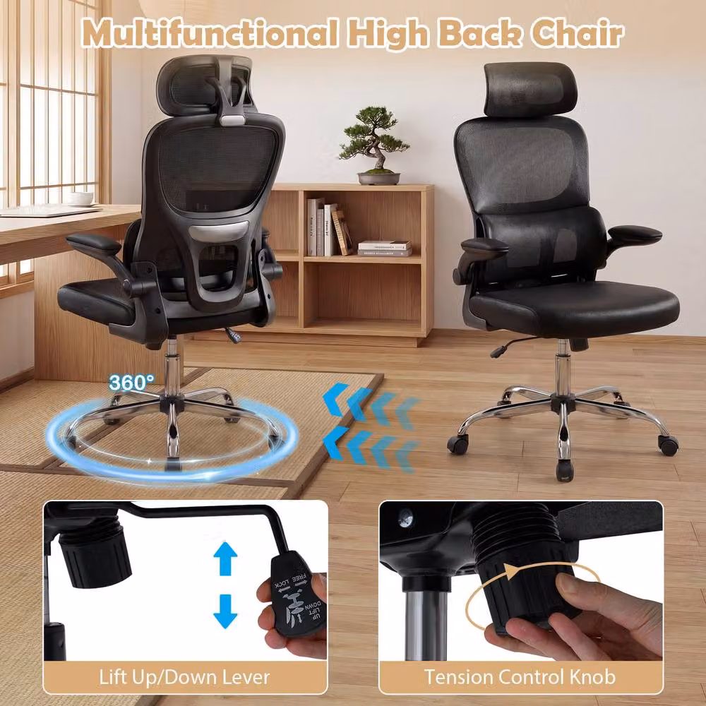 Gymax High Back Ergonomic Mesh Office Chair with Lumbar Support, Headrest and Flip-up Arms in Black – 3