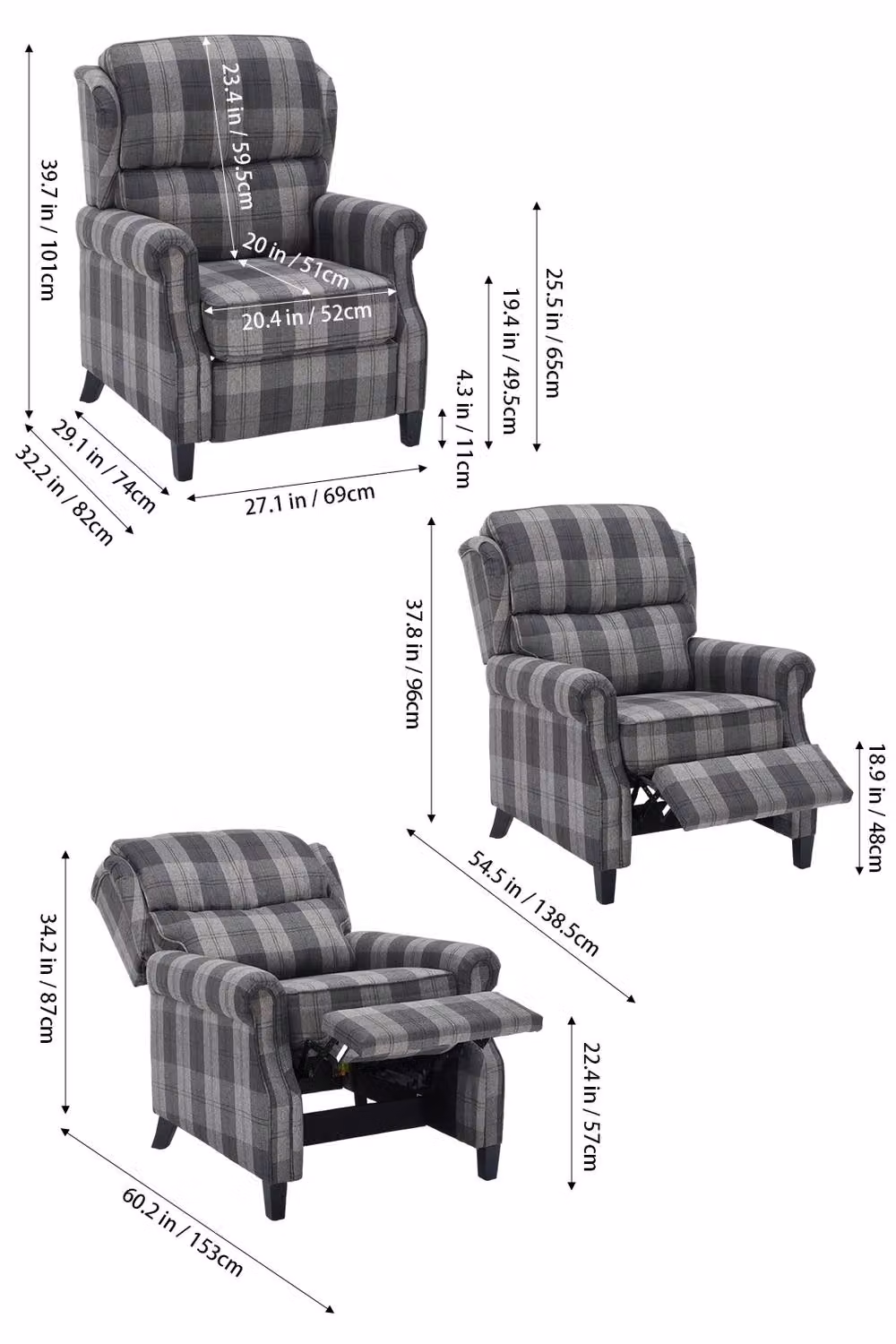 Living and Home Vintage Grey and Black Checked Linen Upholstered Recliner Chair with Adjustable Backrest and Armrests – 6
