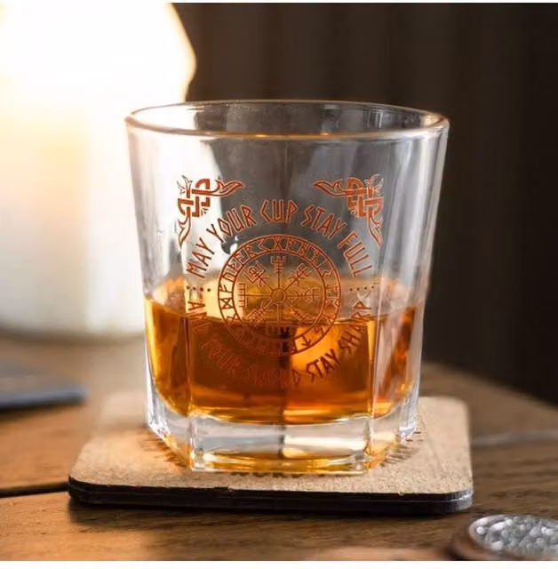 KDMD Viking Compass Lowball Glass and Coaster Set, 300 ml, Transparent