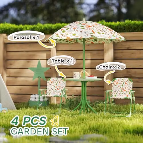 AIYAPLAY Kids Garden Table and Chair Set with Parasol, Green, W/D/H: 50 x 49.5 x 38.5 cm – 3