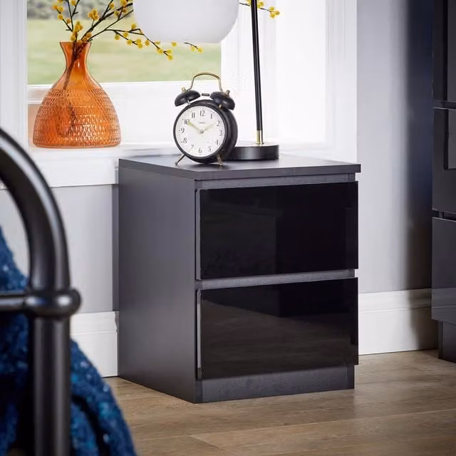 Home Source Modern 2 Drawer Bedside Cabinet Nightstand in Black – 1