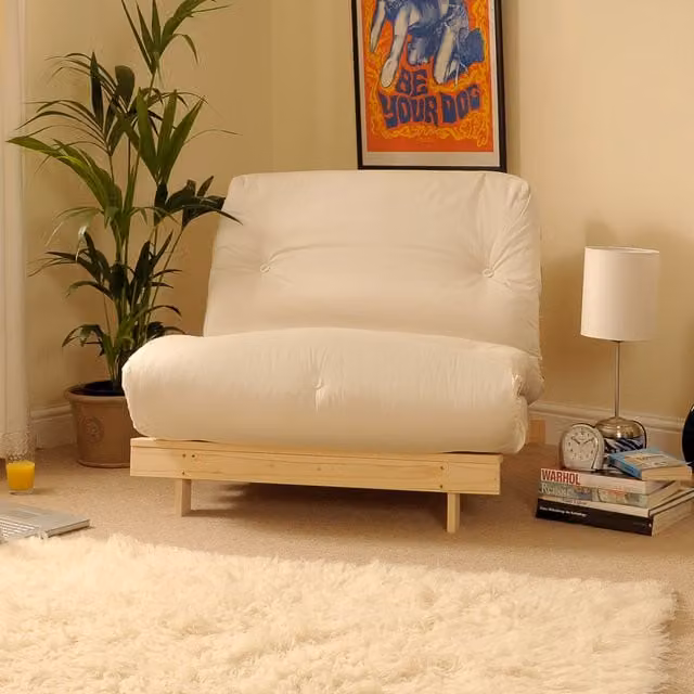 Cloud Nine Beige and White Cotton Futon Sofa Bed with Solid Pine Wood Frame, W/D/H: 90 x 200 cm