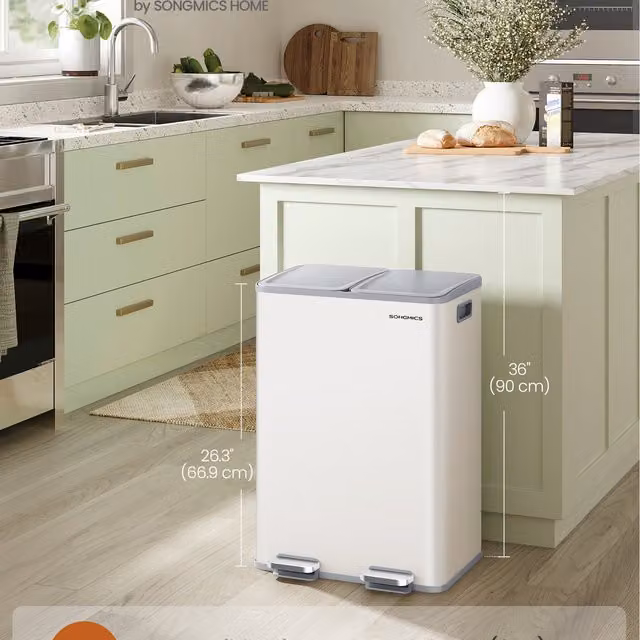SONGMICS Dual-Compartment Pedal Kitchen Bin, 2 x 8 Gallon, White