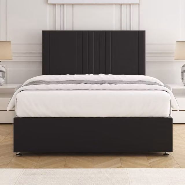 BSSPOKE Monaco Velvet Plush Divan Bed Set with 24 inch Headboard and Mattress in Black, King Size, W/D/H: 180 x 200 cm