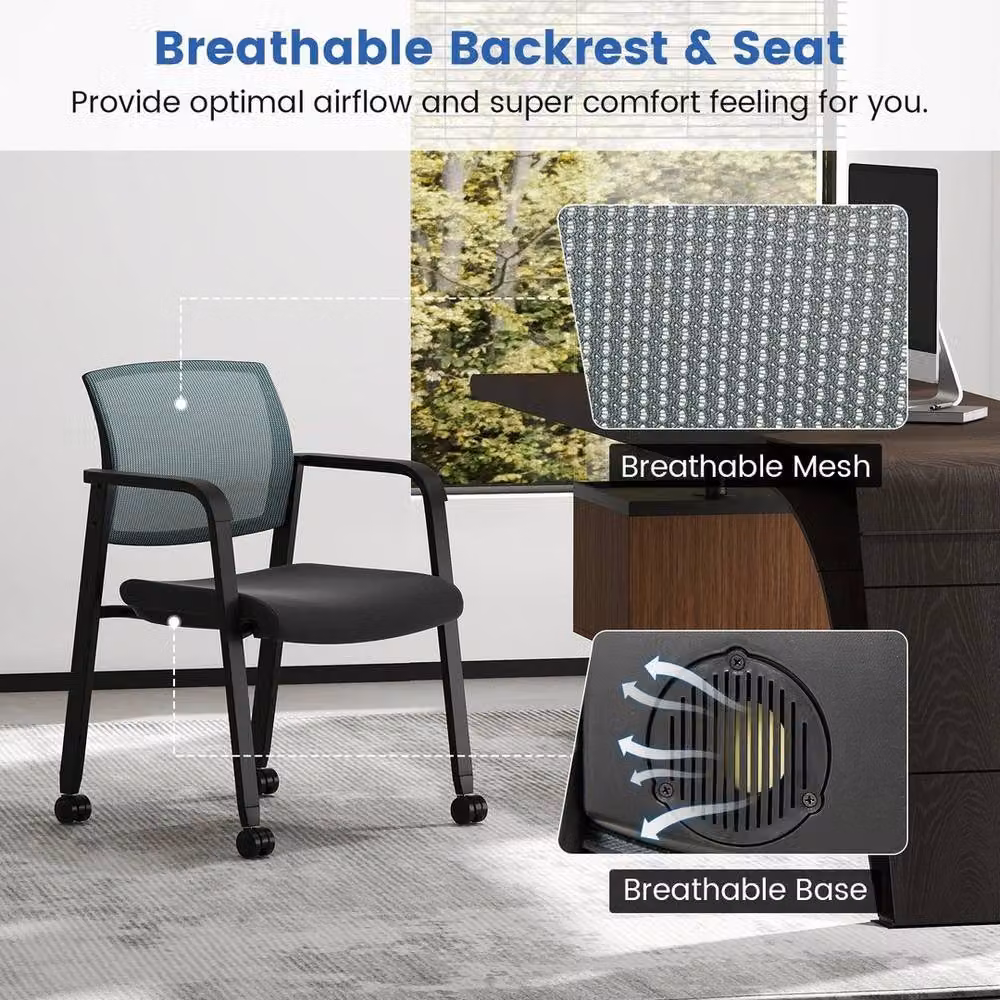 SPETLEK Set of 2 Black Stackable Mesh Office Guest Chairs with Armrests and Castors – 3