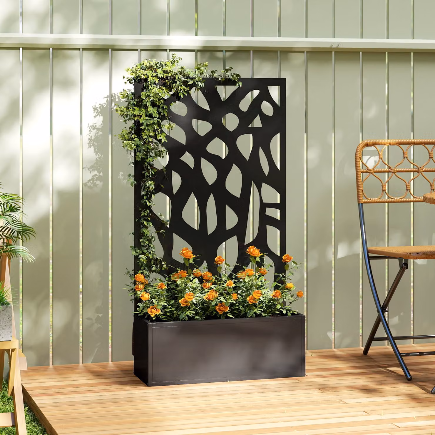 Outsunny Metal Raised Garden Bed with Trellis and Privacy Screen, Black Steel Outdoor Planter Box for Climbing Plants, W/D/H: 113 x 61 x 23 cm – 2