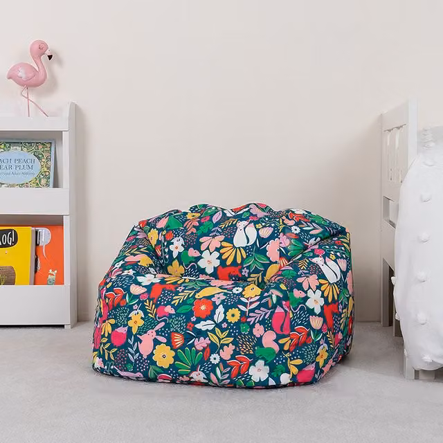 ICON Forest Friends Childrens Bean Bag Chair in Green Multicolour Floral Fabric