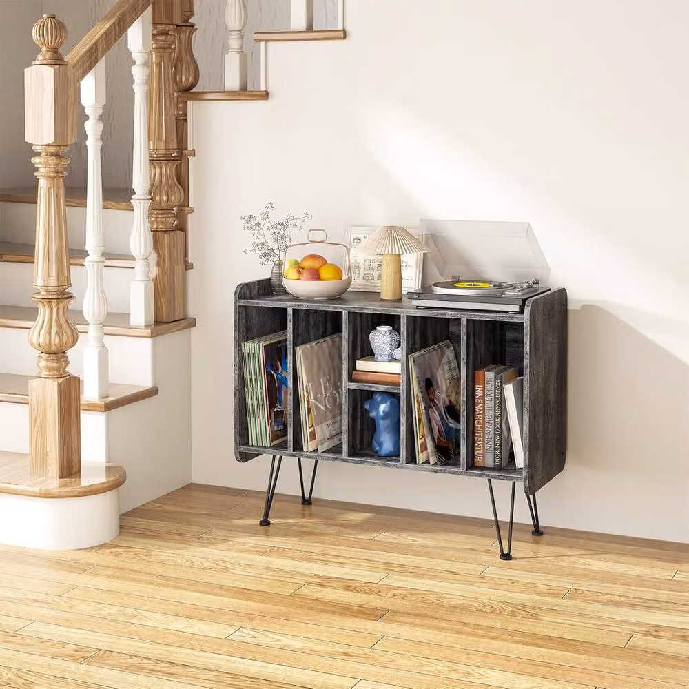 Huhote 3 Tier Vinyl Record Player Stand Storage Cabinet End Side Table in Grey – 2