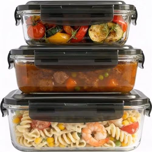 MantraRaj Set of 3 Airtight Glass Food Storage Containers with Lids, Transparent and Blue – 1