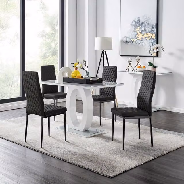 FurnitureboxUK Giovani Grey Glass Rectangular Dining Table and 4 Black Faux Leather Chairs